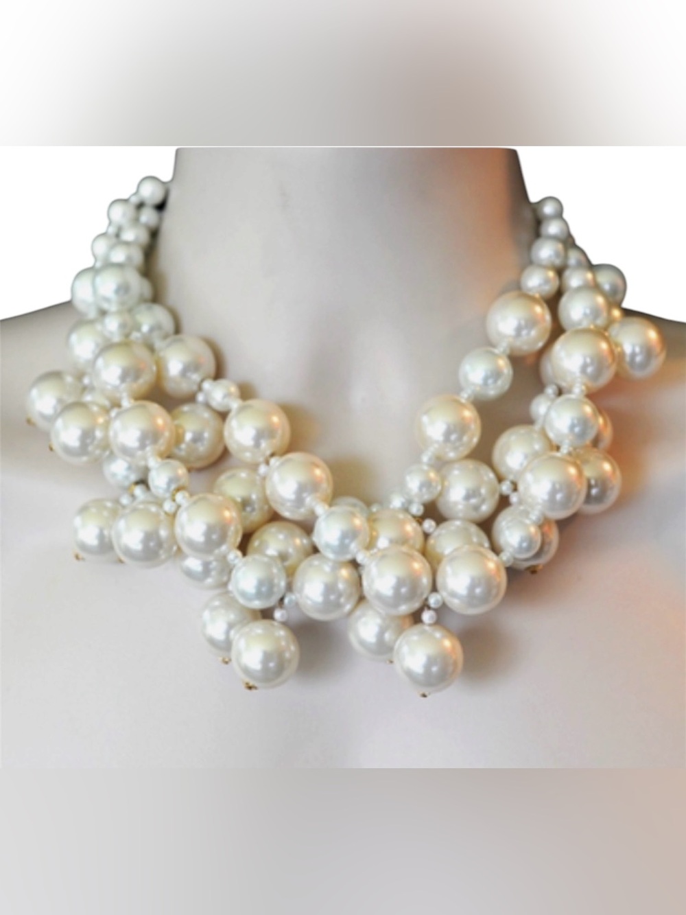 Kenneth Jay Lane Triple Strand Light Cultura Faux Pearl Statement Necklace